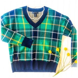 Tahari V-Neck Tartan Plaid School-Days Pullover Sweater